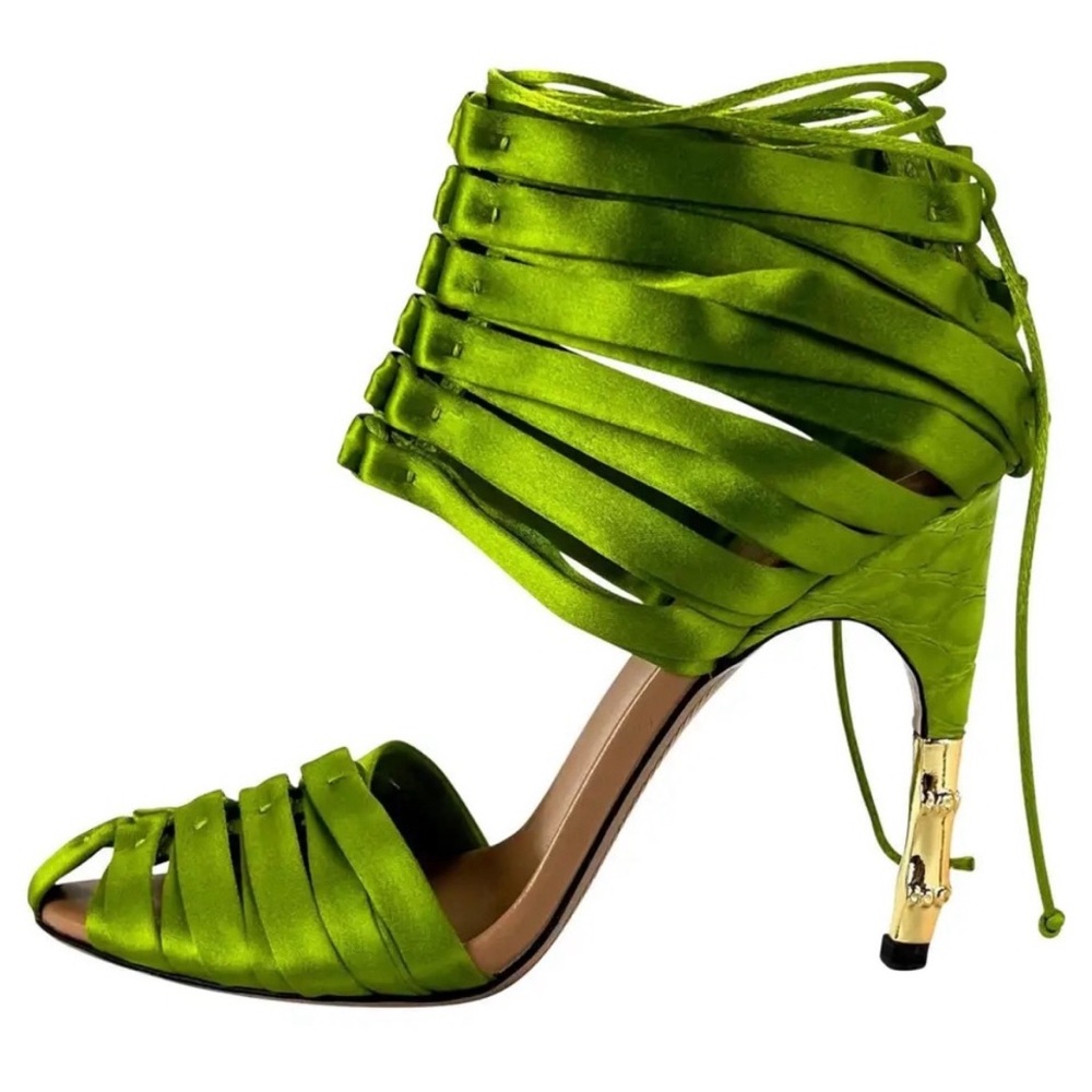 Iconic TOM FORD for GUCCI Green Satin Strappy Corset Shoes Sandals